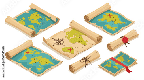 Set of Isometric Vintage Treasure Map Scrolls with World Map, Compass, and Wax Seal for Adventure and Exploration Concept