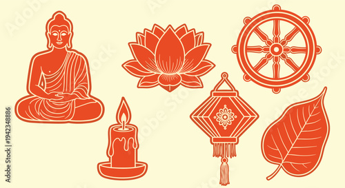 buddha lotus wheel lantern leaf candle religious symbols orange flat design for spirituality