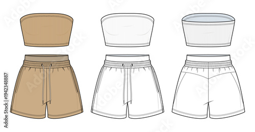 Ultra Cropped Knit Tube Top and Lounge Shorts Technical Fashion Illustration. Women’s Strapless Micro Bandeau Set Vector Template. Front and Back View Apparel CAD Mockup.