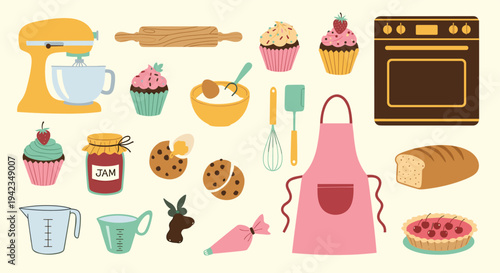Baking supplies and treats flat lay on cream background