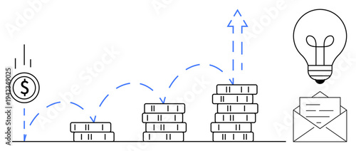 Financial growth concept. increasing stacks of coins with a dollar icon and upward arrows. s money management, investment, profits, and business ideas. For banking, startups, education marketing