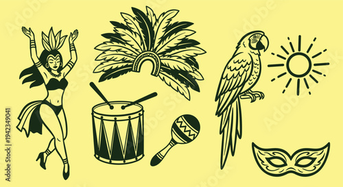 Carnival dancer drum maracas parrot mask sun celebration graphic elements on yellow background