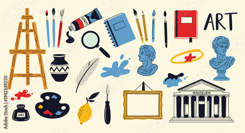 Art supplies and museum icons on a light background