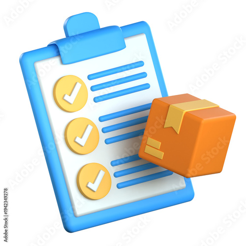 A high quality 3D illustration of a clipboard with checkmarks and an orange shipping box representing a supplier checklist or verified vendor list