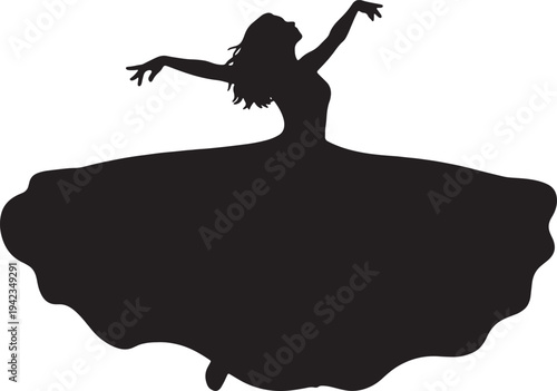 Silhouette of an elegant ballet dancer performing in a wide flowing dress. A graceful ballerina dancing in a flowing skirt.