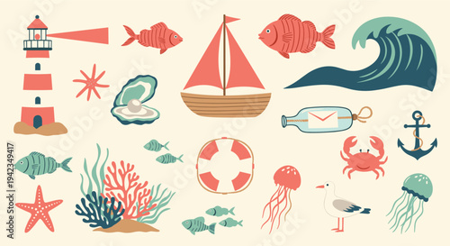 Nautical elements and sea creatures seamless pattern flat illustration for kids