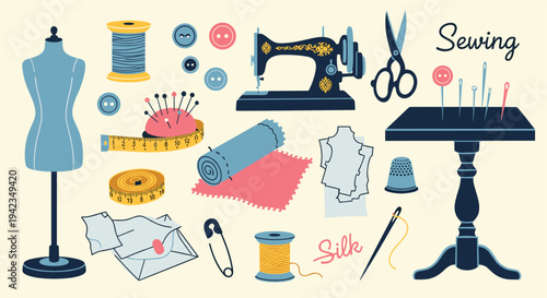 Sewing supplies flat lay with mannequin and sewing machine for crafting