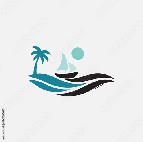 Minimalist vector illustration of a tropical beach scene with a sailboat on blue and black waves, a palm tree on an island, and a light blue sun, perfect for travel and vacation branding.