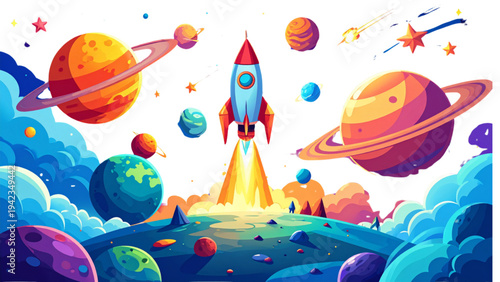 colorful cartoon space elements set with planets rocket comet moon stars for kids science vector illustration