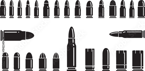 Set of 26 Black Silhouette Bullet and Cartridge Icons Vector Collection for Ammunition, Weaponry, and Military Design Elements