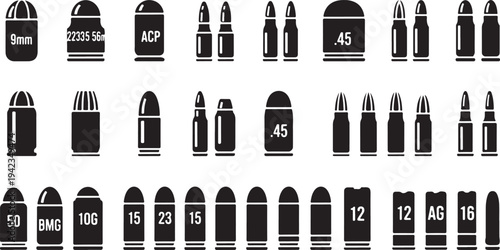 Set of 30 black silhouette bullet and cartridge icons vector, featuring various ammunition types like 9mm, .45 ACP, 12 gauge, and .50 BMG for military, hunting, and shooting sports designs.
