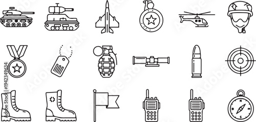 Set of 18 Military and Army Outline Icons Vector Collection featuring Tanks, Fighter Jet, Helicopter, Grenade, Boots, and Medals for War and Defense Concepts