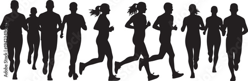 Set of 10 running people silhouettes vector illustration, featuring diverse male and female runners in motion, ideal for sports, fitness, and marathon designs.