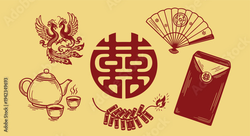 Chinese wedding symbols and decorations on a yellow background traditional art for celebrations