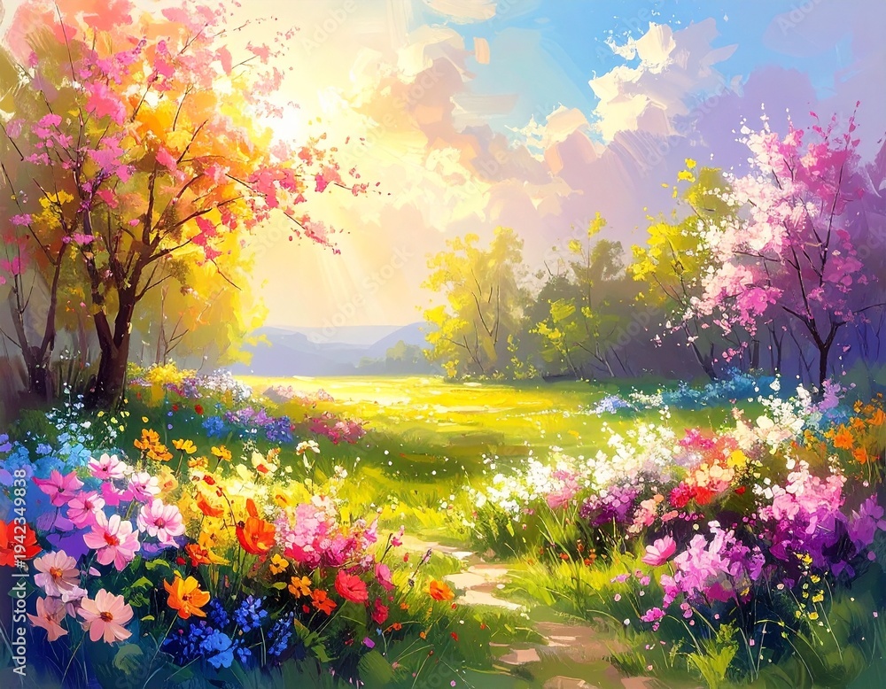 Naklejka premium Colorful springtime landscape with vibrant blossoms and sunlit path, evoking a sense of renewal and natural beauty, perfect for seasonal themes and serene imagery