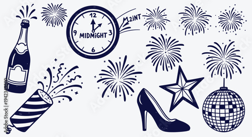 New Year celebration elements with champagne bottle and fireworks for party events