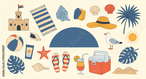 Summer beach vacation elements flat lay with sand castle and palm leaves for travel