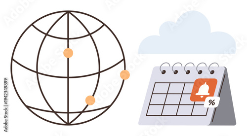 Global communication, event planning, time management, digital reminders, cloud storage, online scheduling. A globe with connection points and a calendar with a notification symbol. Global