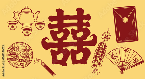 chinese wedding symbols and objects on yellow background traditional celebration elements