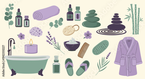 Spa and wellness items flat lay with bath tub and bathrobe for relaxation and self care