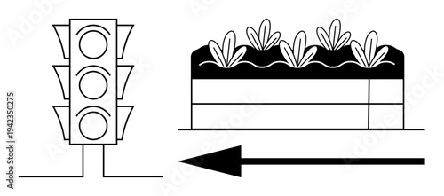 Urban design concept. Traffic signal and urban garden visuals illustrate sustainable city layouts. Urban design s green spaces and efficient traffic flow. Relevant for city planning, infrastructure