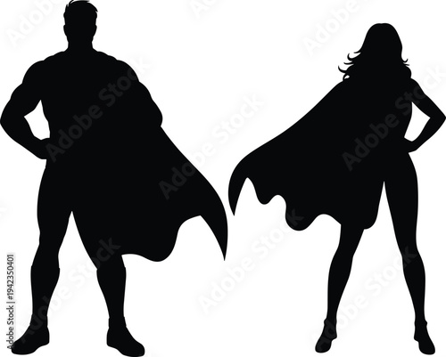 Silhouette vector illustration of superhero man and woman standing confidently with capes, symbolizing strength, power, courage, and heroism in comic style.