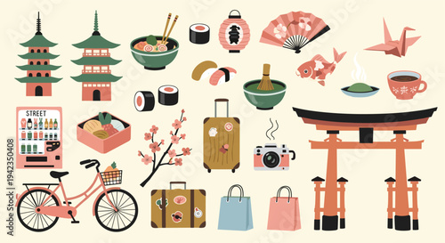 japanese travel icons set flat design for tourism promotion