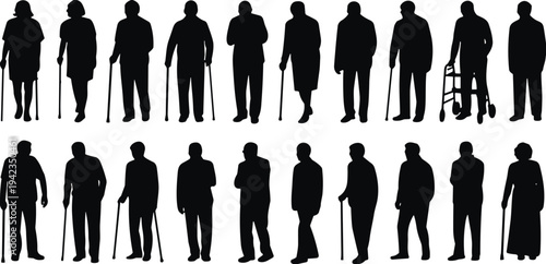 Elderly people silhouettes collection, senior men walking with cane walker and standing poses isolated black vector illustration
