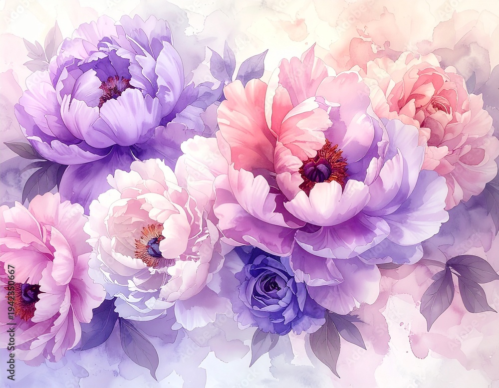 Fototapeta premium A serene watercolor painting of pastel peonies and roses in soft hues, viewed from a close-up perspective
