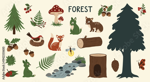 Forest elements cartoon style for kids design woodland creatures and plants