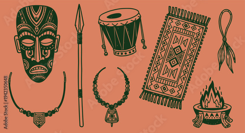 Tribal artifacts collection on orange background flat lay illustration