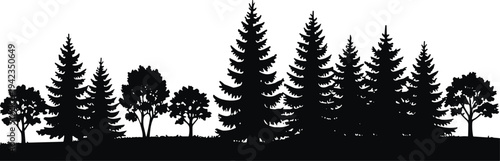Forest tree silhouettes landscape border with pine and deciduous trees natural woodland horizon isolated black vector illustration design