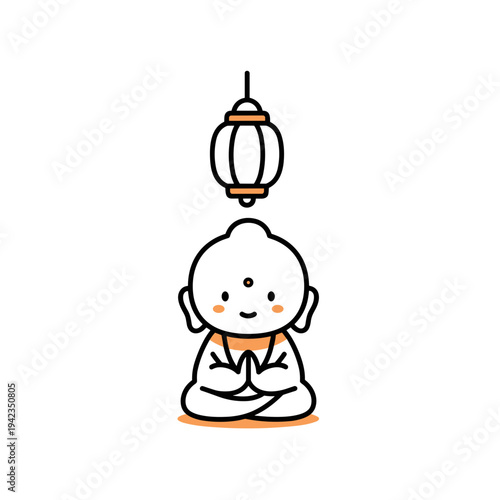 Small Buddha statue under hanging lantern in ultra minimal doodle illustration