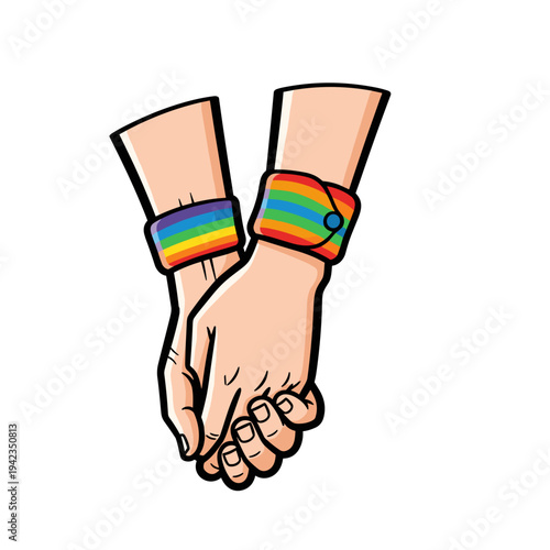 Two hands holding with rainbow wristbands vector illustration in playful modern cartoon style