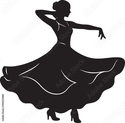 Silhouette of an elegant ballet dancer performing in a wide flowing dress. A graceful ballerina dancing in a flowing skirt.