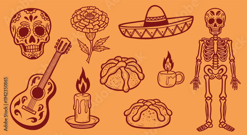 Day of the Dead icons guitar skull flower skeleton candle bread sombrero orange background traditional celebration