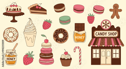 Sweet treats and candy shop illustration for confectionery advertising
