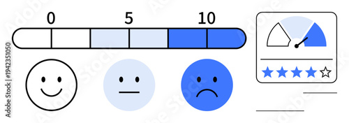 Customer satisfaction. Customer satisfaction by a scale from 0 to 10 with emoticons indicating different satisfaction levels. Customer satisfaction reflected in star rating and feedback. Useful