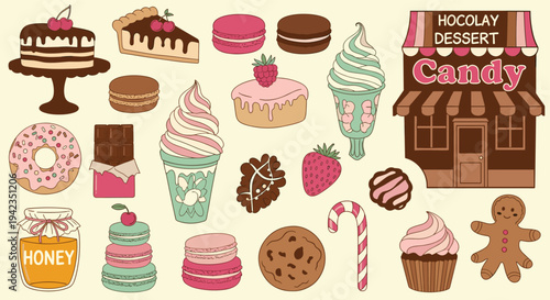 Dessert assortment with candy shop and sweet treats for sale