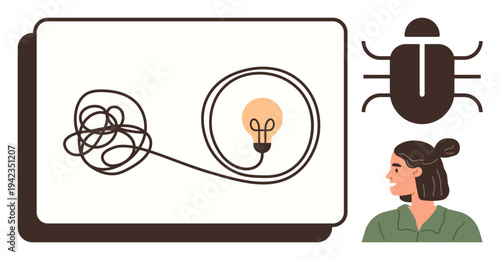 Innovation, debugging, problem solving, creativity, brainstorming, technology. Tangled wire leading to a lit light bulb next to bug and woman profile. Problem solving and debugging concept