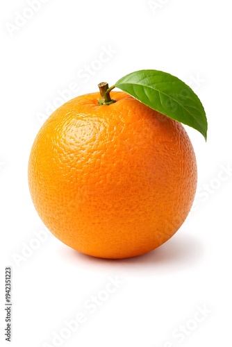 Vibrant Citrus Delight: A close-up shot of a juicy, ripe orange, accompanied by a single, verdant leaf, evokes freshness and the simple pleasure of nature's bounty.