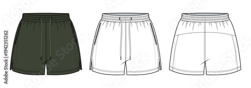 Unisex Athletic Shorts Technical Fashion Illustration. Curved Back Yoke Panel Shorts with Side Pockets and Side Hem Slits Vector Template. Front and Back View Sportswear CAD Mockup.