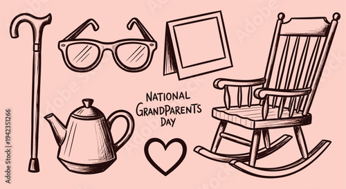 Grandparents Day icons rocking chair cane glasses teapot heart drawing illustration