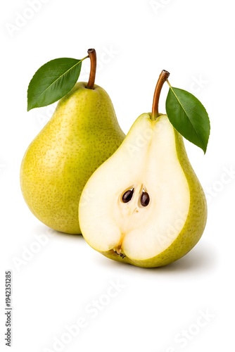 Fresh Pears: Two juicy pears, one whole and one halved, display their natural beauty, offering a refreshing and healthy delight.