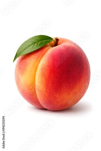 Luscious Peach: A single, perfectly ripe peach, boasting a vibrant gradient of colors, adorned with a fresh green leaf, inviting a moment of pure, fruity delight.
