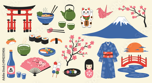 Japanese culture icons flat design for travel and food promotion