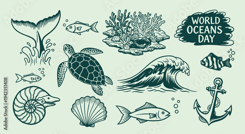 Ocean life doodles world oceans day celebration anchor shell fish turtle coral wave