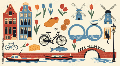 Amsterdam city icons flat design illustration for travel and culture