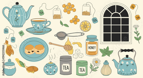 Tea time illustration with biscuits and honey for cafe or bakery promotion
