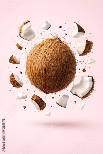 Coconut Explosion: A tropical burst of freshness captured in a dynamic composition. A whole coconut is surrounded by its pieces, embodying natural beauty, health, and refreshment.